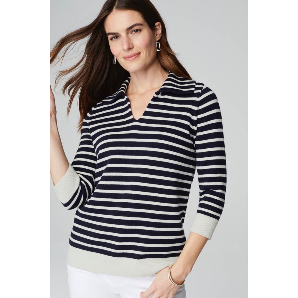 J. Jill Striped Knit‎ Polo Sweater Top XL Navy White 3/4 Sleeve V Neck Pullover